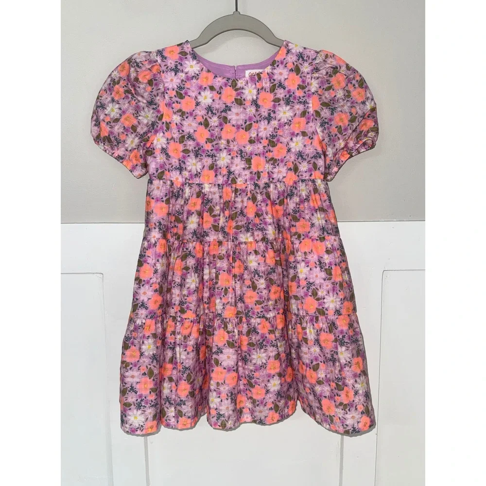 Cat & Jack Girls Floral Dress Purple Orange Puff Sleeve Open Back Size S 6/7